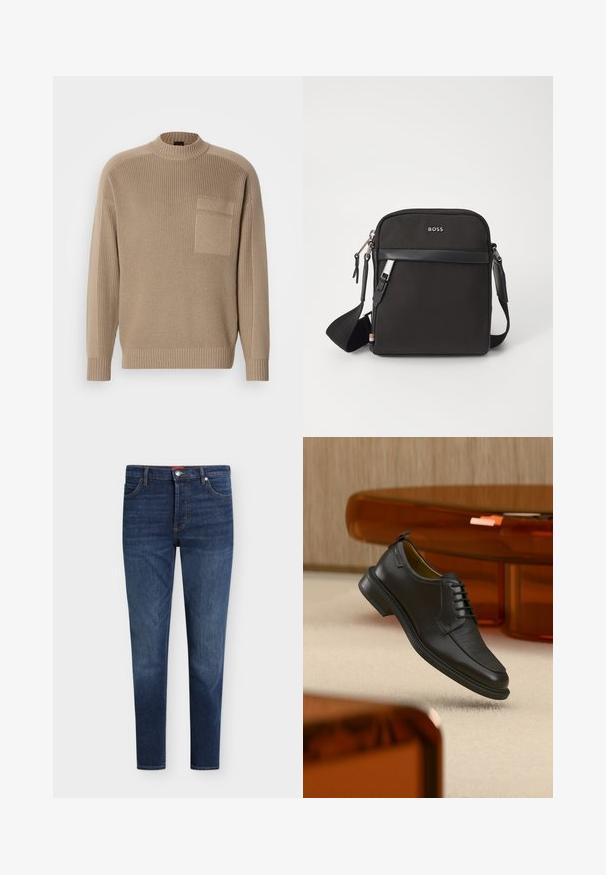 Beige strikket sweaterv med lange ærmer, ribbet krave og manchetter og en lomme på venstre bryst.; Mørkeblå slim-fit jeans med forlommer, bæltestropper, knaplukning og subtil falming på lår og knæ.; Sort lædersko med snørebånd og tekstureret front, svævende over beige tæppe i et moderne rum med møbler i ravfarvet toning.; Sort crossbody taske med et struktureret stof, logo på fronten, lynlås lukning og justerbar rem. Har en glat læderkant.