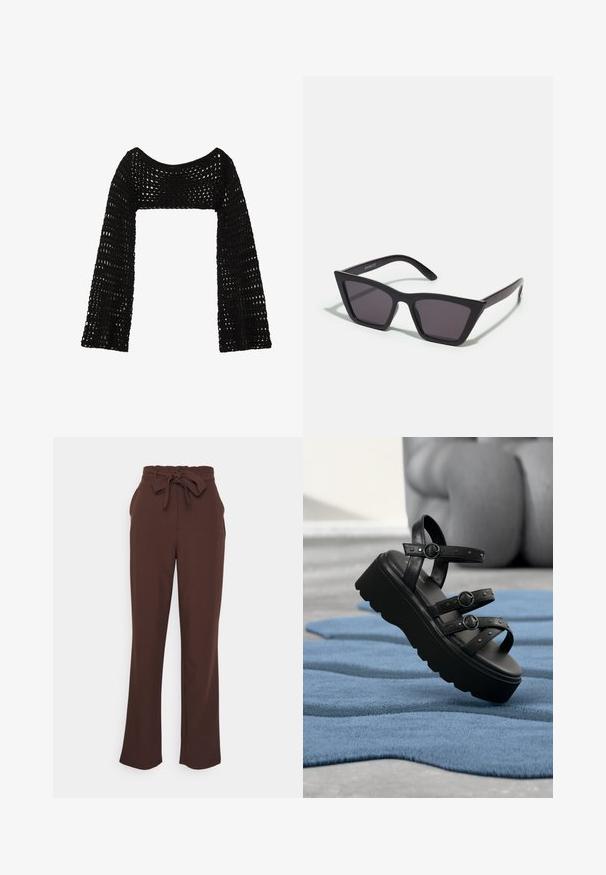 Even&Odd Πουλόβερ - black; PIECES Tall PCBOSS PAPERBAG STRAIGHT PANTS - Παντελόνι - chicory coffee; Μαύρη πλατφόρμα σανδάλι με τρεις ρυθμιζόμενους ιμάντες με πόρπες, τοποθετημένη πάνω σε υφασμάτινο μπλε χαλί με θολό φόντο.; Μαύρα, γωνιώδη γυαλιά ηλίου με γκρι φακούς; κατασκευασμένα από πλαστικό, με χοντρές βραχίονες με λεία επιφάνεια και χωρίς ορατό μηχανισμό.