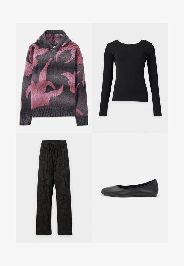 Pull en laine avec une capuche, mélange de couleurs grises et roses, avec un motif de formes abstraites. Poignets et ourlet côtelés.; Haut noir ajusté à manches longues avec un large col rond et une texture côtelée sur un fond clair uni.; Pantalon noir avec taille élastique et cordon de serrage, présentant un motif subtil de feuilles et une coupe droite. Tissu léger.; Ballerines en cuir noir avec un bout rond, texture lisse, détails de couture minimalistes et design de semelle flexible.
