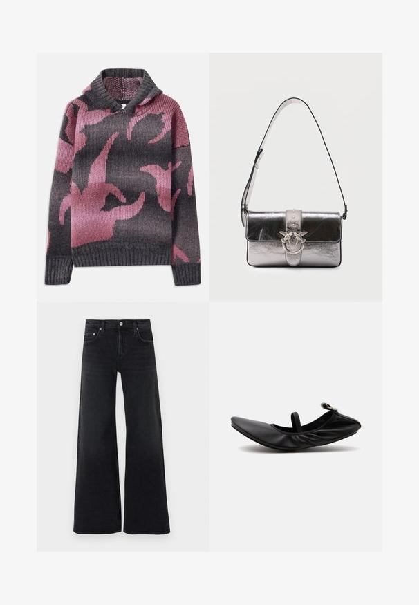 Strikpullover med hætte, i en blanding af grå og pink farver, med et mønster af abstrakte former. Ribbet kant og ærmer.; Sorte sorte bukser med høj talje, brede ben, frontknap og lynlås, bæltestropper og klassisk fem-lomme design.; Sort foldet læder balletsko med en enkelt rem og sølvspænde på en ensartet lys baggrund.; Metalisk sølv skuldertaske med justerbar strop, klaplukning og dekorativ sølvfarvet spænde med to fugle, der vender mod hinanden.