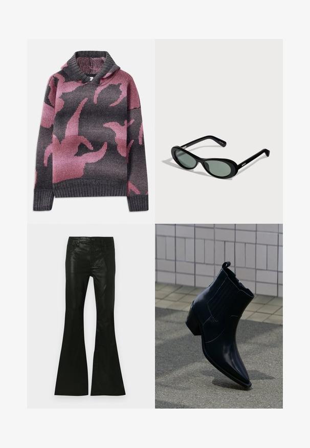 Pull en laine avec une capuche, mélange de couleurs grises et roses, avec un motif de formes abstraites. Poignets et ourlet côtelés.; Pantalon évasé noir en matériau brillant, doté d'une taille ajustée, d'un design à cinq poches et d'une fermeture à bouton à l'avant.; Bottine noire en cuir brillant avec un talon épais, des panneaux élastiques sur les côtés et une languette, positionnée debout sur un pavement texturé près d'un mur carrelé.; Lunettes de soleil ovales noires avec verres teintés et branches fines, présentées sur un fond clair avec le nom de la marque sur les branches.