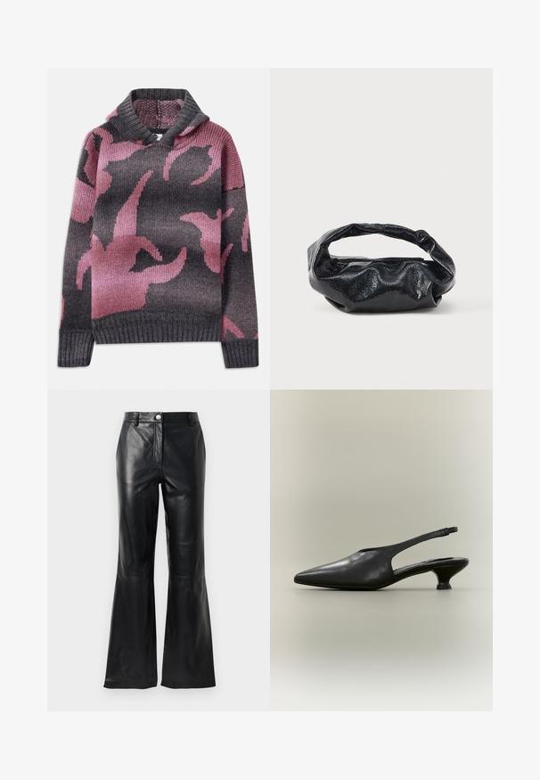 Pull en laine avec une capuche, mélange de couleurs grises et roses, avec un motif de formes abstraites. Poignets et ourlet côtelés.; Pantalons en faux cuir noir avec taille haute, fermeture à boutons, passants de ceinture et jambes évasées sur fond blanc.; Chaussure à bride arrière en cuir noir avec bout pointu et petit talon bas sur fond neutre.; Sac noir en matériau texturé et brillant avec une poignée circulaire torsadée et une fermeture éclair. Présente un design doux et froissé.