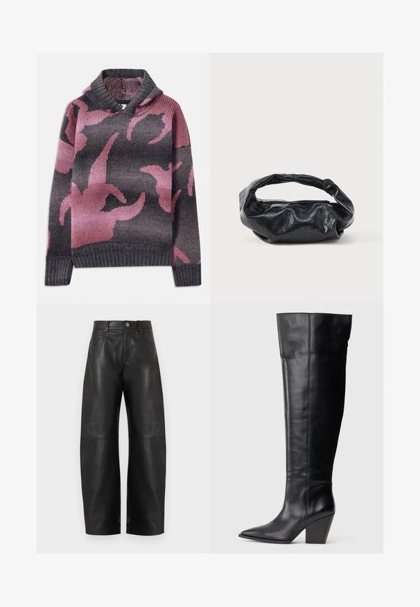 Pull en laine avec une capuche, mélange de couleurs grises et roses, avec un motif de formes abstraites. Poignets et ourlet côtelés.; Pantalon large en cuir noir taille haute avec bouton à l'avant, fermeture éclair et deux poches avant, présenté sur un fond blanc.; Botte noire en cuir, à bout pointu, avec un talon bloc haut et anglé, et des coutures verticales le long de la tige.; Sac noir en matériau texturé et brillant avec une poignée circulaire torsadée et une fermeture éclair. Présente un design doux et froissé.