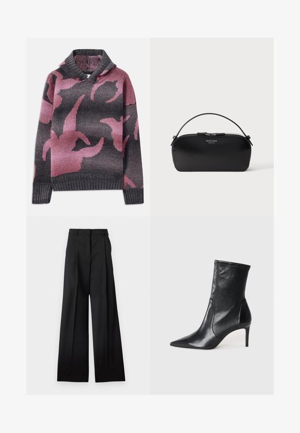 Pull en laine avec une capuche, mélange de couleurs grises et roses, avec un motif de formes abstraites. Poignets et ourlet côtelés.; Pantalon noir sur mesure à coupe large, doté de plis sur le devant, passants pour ceinture et d'une texture de tissu lisse.; Bottes noires à la cheville en cuir lisse, dotées d'un bout pointu, d'un tige ajustée et d'un talon haut fin. Design minimaliste sans quincaillerie visible.; Petit sac bracelet en cuir noir avec fermeture éclair argentée et poignée courte, logo Emporio Armani Milano 1981 embossé sur le devant.