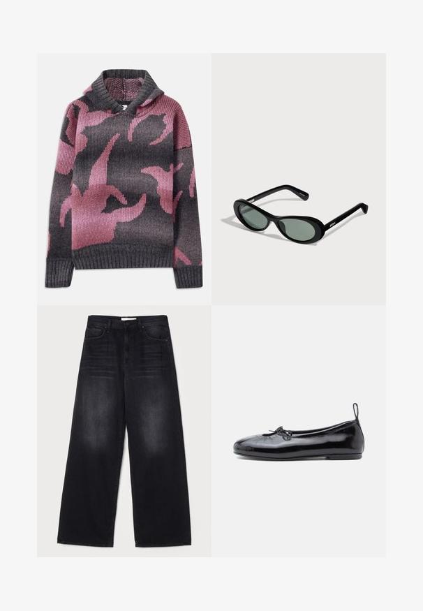 Pull en laine avec une capuche, mélange de couleurs grises et roses, avec un motif de formes abstraites. Poignets et ourlet côtelés.; Mother THE SPINNER ZIP SNEAK - Jean boyfriend - black; Ballerine en cuir verni noir avec un bout rond, un petit nœud décoratif et une texture lisse ; présente une semelle plate basse et une languette au talon.; Lunettes de soleil ovales noires avec verres teintés et branches fines, présentées sur un fond clair avec le nom de la marque sur les branches.