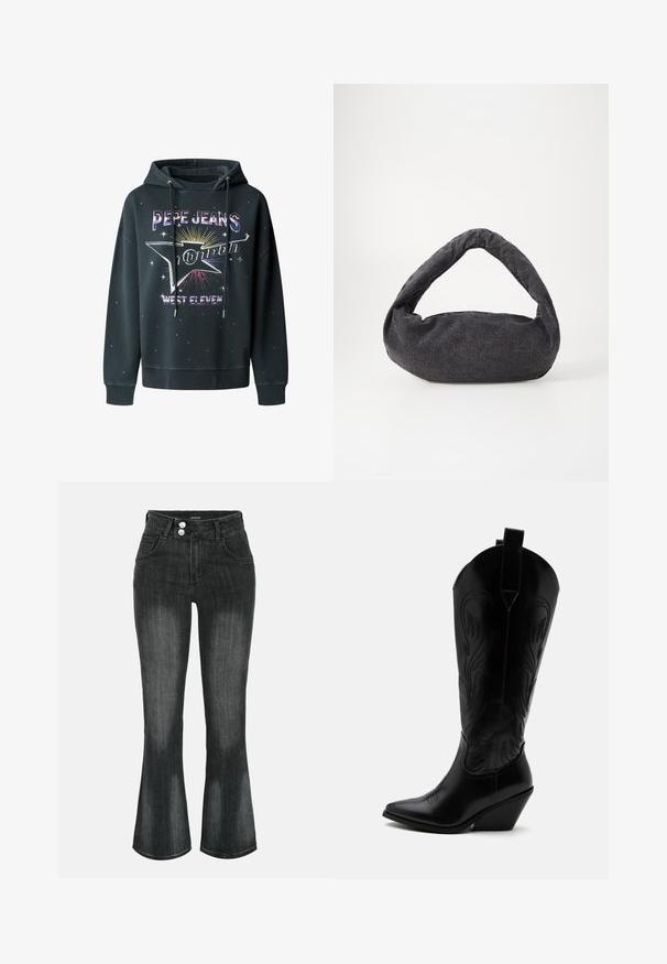 Sudadera negra de forro polar, con un estampado gráfico que incluye "Pepe Jeans London" y "West Eleven", capucha con cordones y acentos de estrellas.; Vaqueros negros de denim lavado con cintura alta, cierre de doble botón, bolsillos delanteros y piernas ligeramente acampanadas.; Bota de vaquero de cuero negro con punta puntiaguda, tacón bloqueado inclinado, costuras decorativas y lengüetas en la parte superior sobre fondo blanco.; Bolsa de tela gris oscuro con un asa curva, textura suave y forma redondeada. Sin hardware ni adornos visibles.