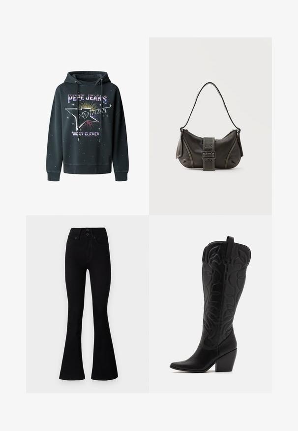 Sudadera negra de forro polar, con un estampado gráfico que incluye "Pepe Jeans London" y "West Eleven", capucha con cordones y acentos de estrellas.; Pepe Jeans FLARE CONTOUR - Vaqueros a campana - black denim; Botas negras de cuero hasta la rodilla con punta puntiaguda y tacón apilado. Presentan costuras decorativas y elementos de diseño curvados.; Bolso de hombro de cuero negro con detalle de correa con hebilla, bordes curvos y costuras blancas en contraste sobre un fondo liso.
