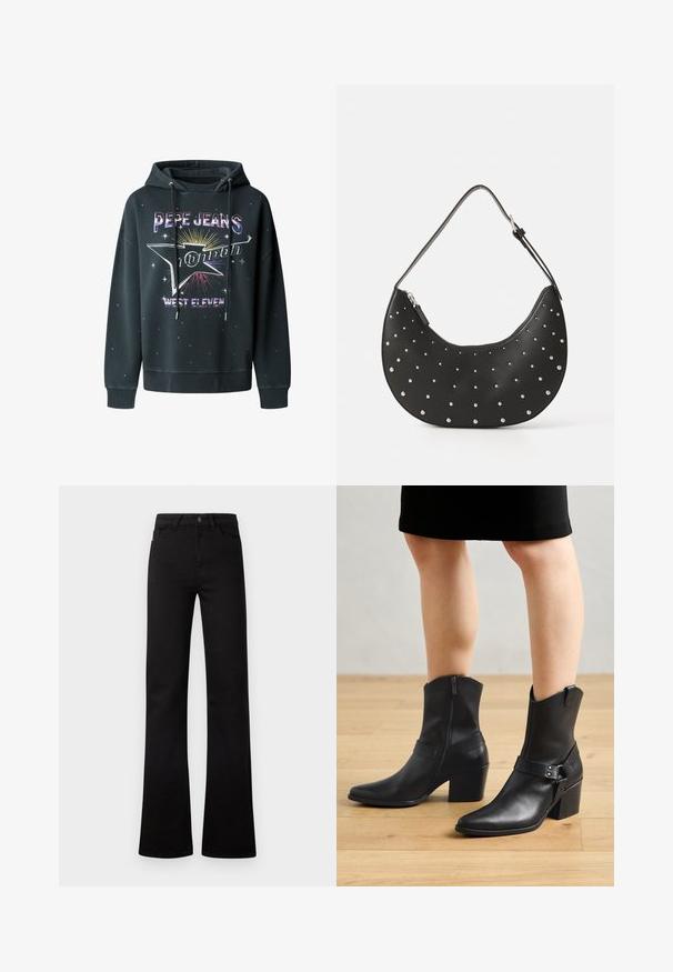 Sudadera negra de forro polar, con un estampado gráfico que incluye "Pepe Jeans London" y "West Eleven", capucha con cordones y acentos de estrellas.; Vaqueros negros de cintura alta y pierna recta con bolsillos delanteros, trabillas para cinturón, cierre de botón y bajos ligeramente acampanados sobre un fondo blanco.; Botines de cuero negro con punta afilada, cierre de cremallera, tacón curvado y una correa decorativa con detalles metálicos.; Bolso de mano de cuero negro con forma curva, adornado con tachuelas plateadas, cuenta con cierre de cremallera y una sola correa ajustable.