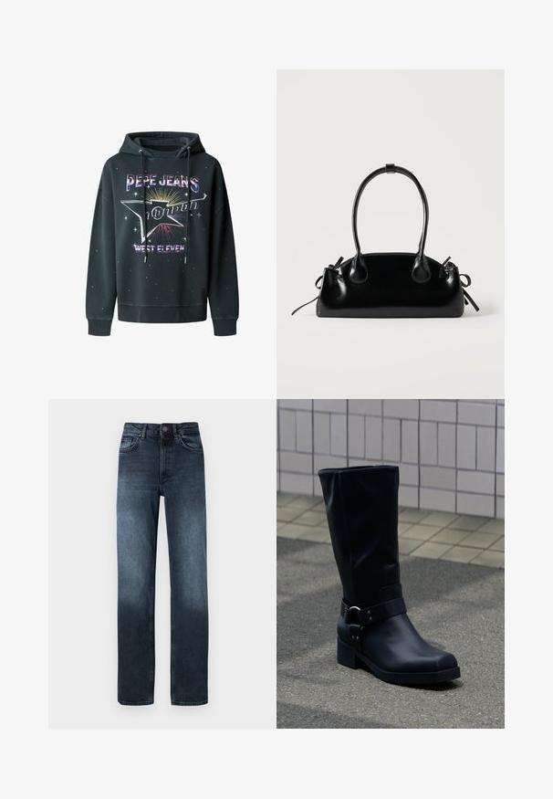 Must must, millevoodi kangast, millel on graafiline trükk "Pepe Jeans London" ja "West Eleven", nööriga kapuuts ja tähtede aksessuaared.; Tumed sinised teksad sirge jala lõikega, viie taskuga ja ees nupuga kinnitusega. Omab kulumise detaile äärel.; Must nahktõlvik keskmise vasikaosa kõrgusega, madala plokksanga ja kaunistava metallkinnitusega rihmaga ümber pahkluu, plaaditud kõnniteel.; Väike must läikiv käekott kahe pika sangaga ja külgedel paelakinnitustega, ühel lihtsal helel taustal.