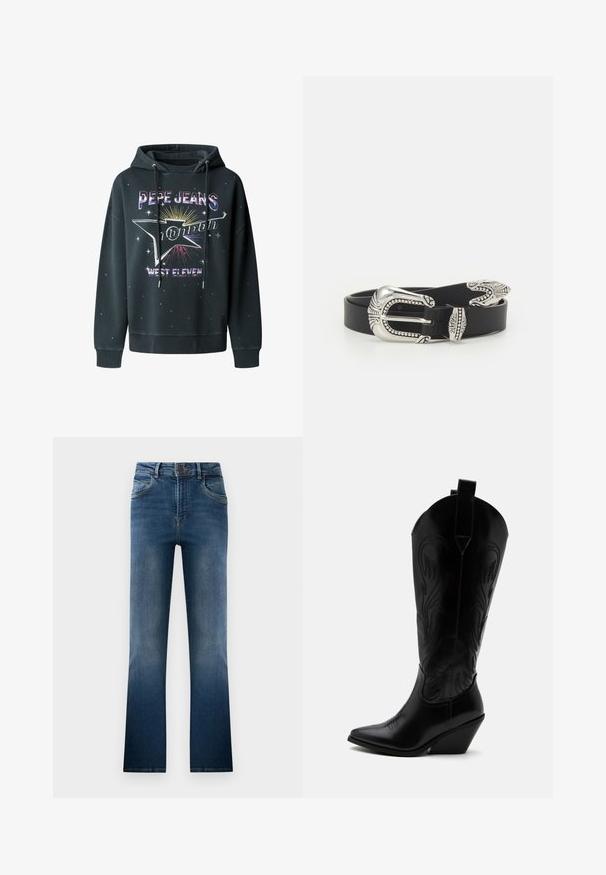 Must must, millevoodi kangast, millel on graafiline trükk "Pepe Jeans London" ja "West Eleven", nööriga kapuuts ja tähtede aksessuaared.; Tumed denim pükste lõige tumesinises, mis sisaldab kulunud pesu, viit taskut ja vööaasasid. Klassikaline disain, millel on esine nupp sulgemiseks.; Mustast nahast kauboi saabas terava varbaosaga, kaldus kand, dekoratiivse õmblusega ning nööpidega üleval valge tausta peal.; Must värviline nahkvöö, millel on suur hõbedane metallist pandla, mis on rikkaliku detailiga ja dekoratiivsete aktsentidega mõlemal pool.