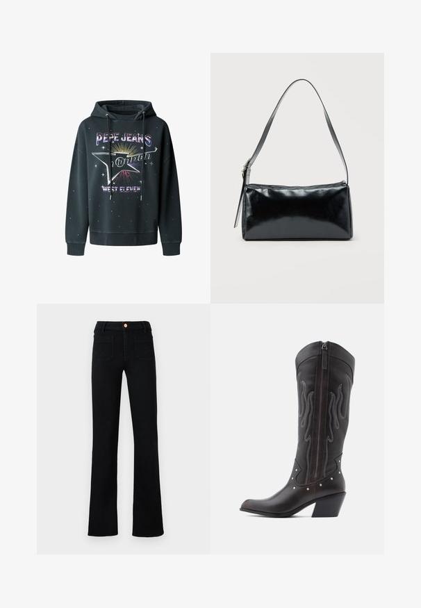 Sudadera negra de forro polar, con un estampado gráfico que incluye "Pepe Jeans London" y "West Eleven", capucha con cordones y acentos de estrellas.; Jeans negros de cintura alta y pierna recta con bolsillos de parche delanteros y cierre de botón cobre sobre un fondo neutro.; Botas de cowboy de cuero marrón con costuras en forma de llama, cremallera lateral, tachuelas plateadas, punta puntiaguda y tacón apilado.; Bolso de hombro rectangular negro con una correa ajustable y un cierre de cremallera superior sobre un fondo liso.