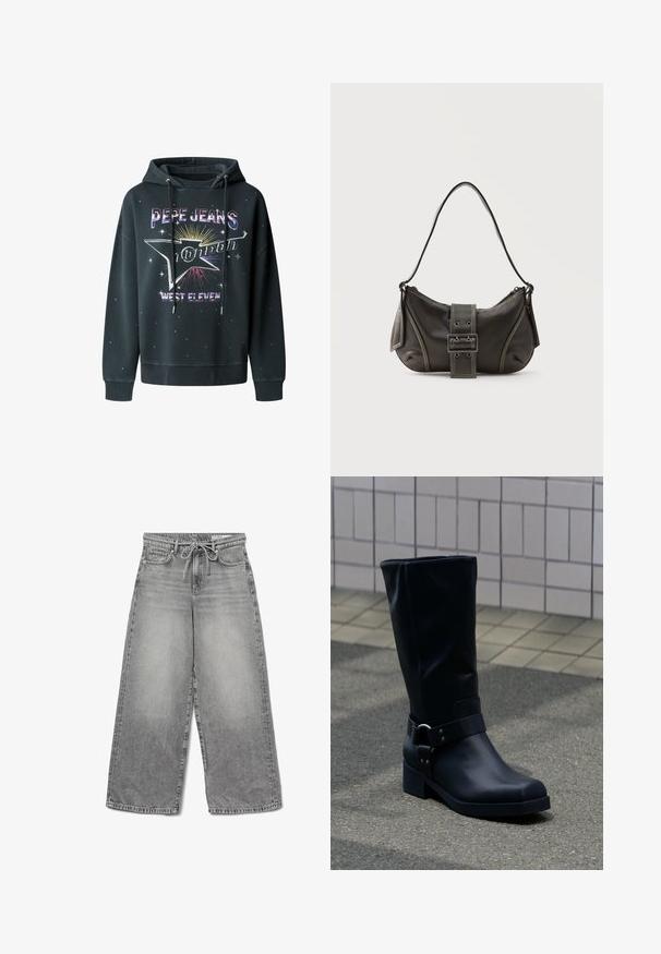 Sudadera negra de forro polar, con un estampado gráfico que incluye "Pepe Jeans London" y "West Eleven", capucha con cordones y acentos de estrellas.; Jeans de denim gris de pierna ancha con un acabado desgastado, cintura con cordón y diseño tradicional de cinco bolsillos, con detalles de costuras visibles.; Bota negra de cuero hasta la mitad de la pantorrilla con un tacón bajo de bloque y una correa decorativa con hebilla metálica alrededor del tobillo, sobre un pavimento de baldosas.; Bolso de hombro de cuero negro con detalle de correa con hebilla, bordes curvos y costuras blancas en contraste sobre un fondo liso.