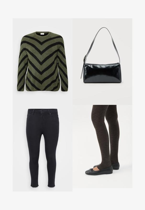 Grønt sweater med sorte chevron-striber. Rund halsudskæring, lange ærmer og blød tekstur. Lige kant med lette sideslidser.; Sorte tætsiddende jeans lavet af denim med en frynset kant ved anklen, to forlommer og en knaplukning i taljen.; Ben iført mørke ribbede leggings kombineret med sorte balletsko med små sløjfedetaljer på hvid baggrund.; Sort rektangulær skuldertaske med en enkelt justerbar rem og lynlås i toppen på en ensfarvet baggrund.
