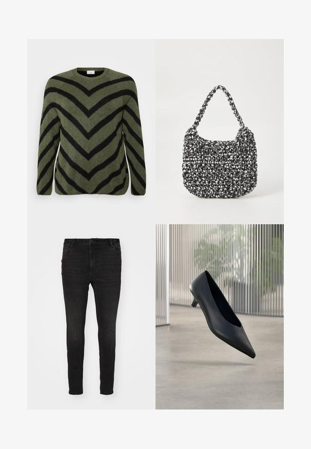 Suéter verde con rayas en chevrón negras. Cuello redondo, mangas largas y textura suave. Dobladillo recto con ligeras aberturas laterales.; Vero Moda Curve Skinny fit VMCFLASH Mid rise - Vaqueros pitillo - black denim; Zapato negro de tacón bajo y puntera puntiaguda que flota sobre un suelo de hormigón liso con paneles verticales translúcidos de fondo.; Bolso de mano tejido en blanco y negro con forma redondeada, superficie texturizada y asa trenzada. Adecuado para uso casual.