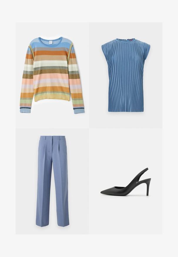 Strikket sweater med striber i blå, orange, grøn og pastelfarver. Har ribbet tekstur, rund halsudskæring og dekorative detaljer på ærmerne.; Blå ærmeløs top med lodrette folder og en høj rund halsudskæring på en ensartet hvid baggrund.; Lyseblå plisserede bukser med et skræddersyet snit, lavet af et glat stof. Har lige ben og en taljebånd i midten.; Sorte læder slingback høje hæle med spids tå-design, der har en udskæring fortil og en tynd stiletto-hæl.
