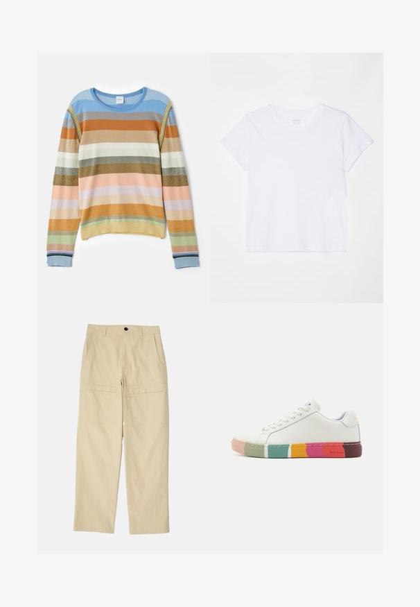 Strikket sweater med striber i blå, orange, grøn og pastelfarver. Har ribbet tekstur, rund halsudskæring og dekorative detaljer på ærmerne.; FRAME BABY TEE - T-shirts basic - white; Beige vidde bukser lavet af bomuld. Har to forlommer, to baglommer og en enkelt knaplukning i livet.; Paul Smith LAPIN SWIRL SOLE - Sneakers - white