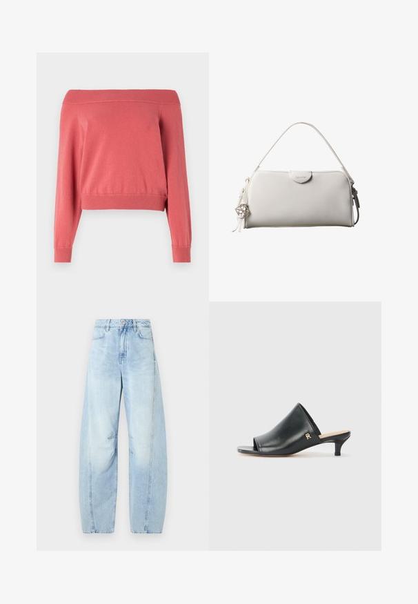 Pull corail à épaules dénudées avec des manches longues, col et poignets côtelés, et une taille ajustée. Tissu doux et texturé.; Jean large en denim bleu clair à taille haute, avec un bouton de fermeture, des poches avant et un léger dégradé.; Mules ouverts en cuir noir avec un talon bas. Présentent une surface lisse et un accent logo doré sur le côté.; Sac à main rectangulaire blanc Calvin Klein avec une seule poignée, design minimaliste et pampilles décoratives avec un charm métallique géométrique sur le côté.