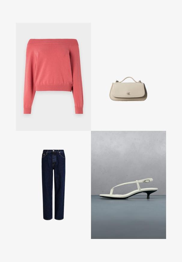 Pull corail à épaules dénudées avec des manches longues, col et poignets côtelés, et une taille ajustée. Tissu doux et texturé.; Jeans en denim bleu foncé avec une coupe droite, dotés d'une taille haute, d'un style à cinq poches et de coutures contrastantes. Sans embellissements.; Sandale blanche à talon kitten avec des lanières et un bout pointu, flottant au-dessus d'un sol en carrelage en bois en plein air avec un arrière-plan flou de plante et de mur.; Petit sac à main en cuir beige avec poignée supérieure et logo CK argenté sur le rabat avant, présenté sur fond blanc.