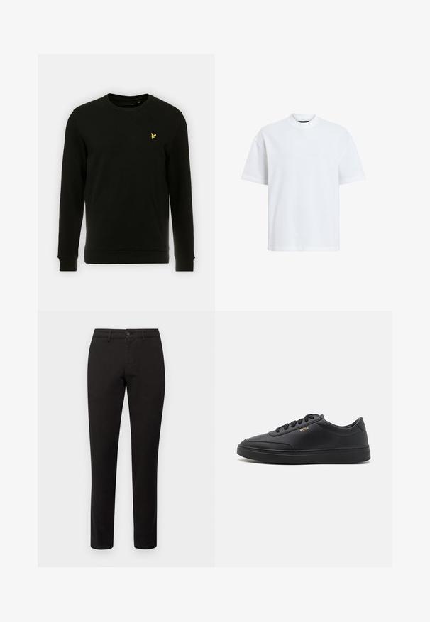 Zwarte sweatshirt van katoen, met lange mouwen en een ronde hals. Opvallend geel vogel logo op de linkerborst. Zachte textuur.; Witte t-shirt met korte mouwen en een ronde halslijn; gemaakt van gladde stof; heeft een subtiel logo op de voorkant.; Zwarte chino's met een slim fit, gemaakt van een katoenmix. Voorzien van een sluiting met een voorste knoop en vijf zakken. Gladde textuur, minimale details.; Zwarte leren sneakers met een gladde textuur, ronde neus, platte rubberen zool en tonale veters. Kenmerkt zich door de gouden "BOSS" branding aan de zijkant.