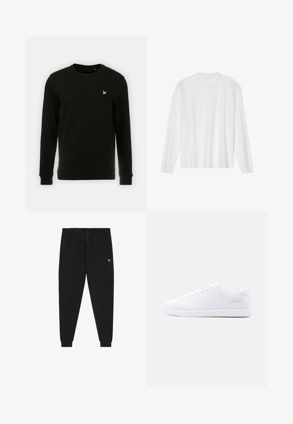 Sweatshirt noir en coton, avec des manches longues et un col rond. Logo d'oiseau jaune remarquable sur la poitrine gauche. Texture lisse.; T-shirt blanc en coton à manches longues avec col rond, doté de poignets côtelés et d'un ourlet droit, texture lisse et design minimaliste.; Pantalon de jogging noir avec taille élastique et cordon de serrage, jambes fuselées avec poignets, et petit logo jaune brodé sur la cuisse droite.; Baskets basses blanches avec lacets blancs, semelle texturée, et inscription "lacoste" dorée sur le côté sur un fond neutre.
