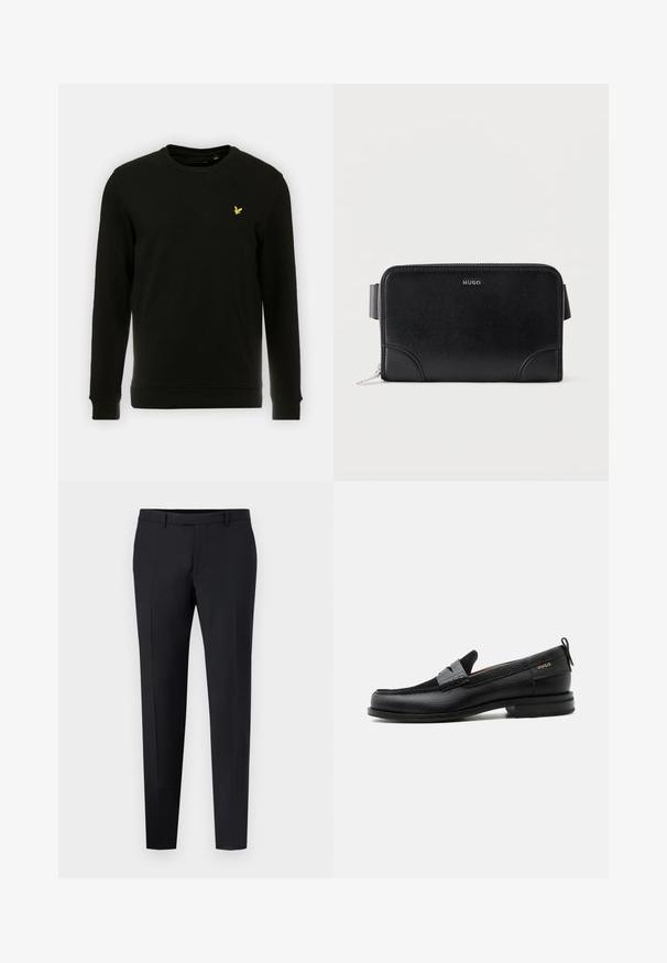 Sweatshirt noir en coton, avec des manches longues et un col rond. Logo d'oiseau jaune remarquable sur la poitrine gauche. Texture lisse.; Pantalons noirs ajustés avec une coupe slim, présentant un devant plat, des passants de ceinture et aucune motif ou accent visible. Texture lisse.; Mocassin en cuir noir avec détail de bride grise, talon bas et semelle texturée, marqué "HUGO" en or sur le côté.; Pochette zippée Hugo en cuir texturé noir avec coutures d'angle et bride latérale sur fond blanc.