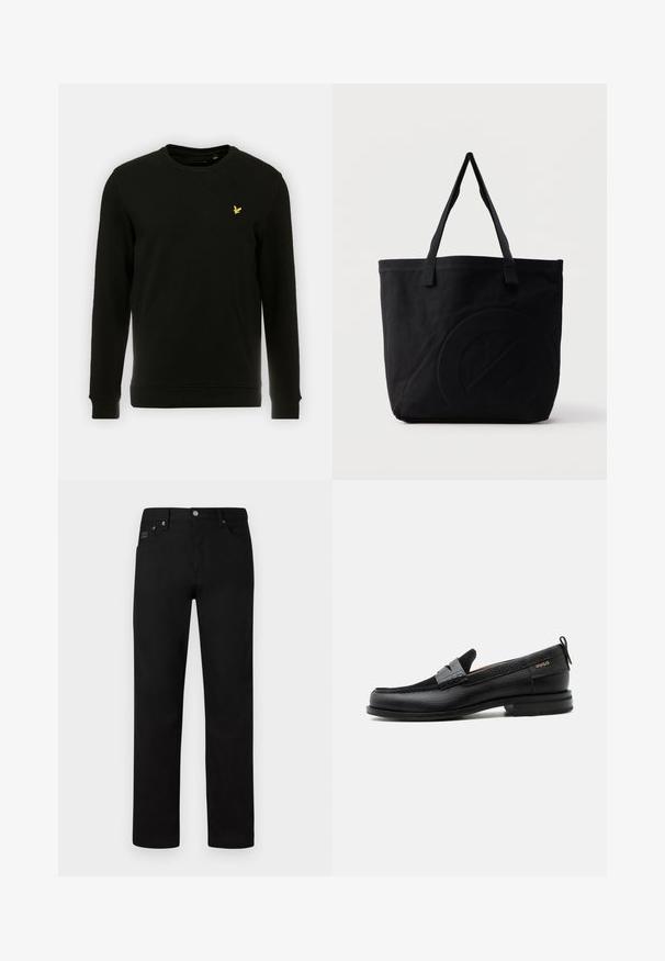 Sweatshirt noir en coton, avec des manches longues et un col rond. Logo d'oiseau jaune remarquable sur la poitrine gauche. Texture lisse.; Pantalons noirs avec une coupe droite, fabriqués en tissu lisse, dotés d'une fermeture à bouton et de poches avant discrètes.; Mocassin en cuir noir avec détail de bride grise, talon bas et semelle texturée, marqué "HUGO" en or sur le côté.; Sac fourre-tout en toile noire avec deux bandoulières et un motif circulaire discret en relief sur le devant.