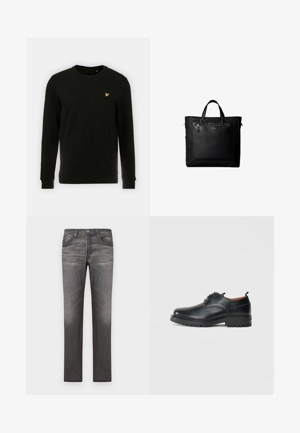 Sweatshirt noir en coton, avec des manches longues et un col rond. Logo d'oiseau jaune remarquable sur la poitrine gauche. Texture lisse.; Jean en denim gris foncé avec une coupe droite, cinq poches, délavage subtil et détails de couture le long des coutures.; Chaussures derby en cuir noir avec une texture lisse, bout rond, design à lacets et une semelle en caoutchouc épaisse et robuste.; Sac cabas noir avec doubles poignées, grande poche avant en cuir avec fermeture éclair et logo discret Calvin Klein au centre de la poche.