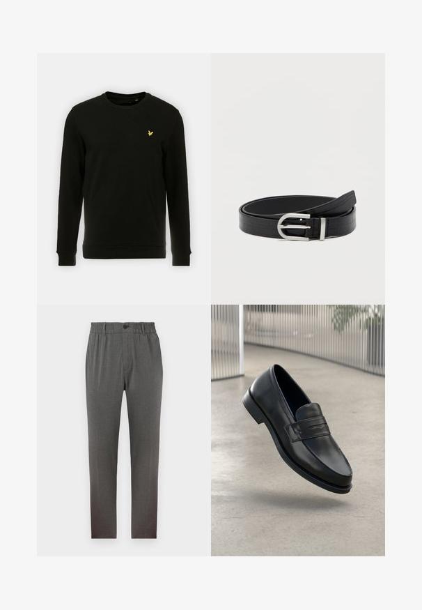 Zwarte sweatshirt van katoen, met lange mouwen en een ronde hals. Opvallend geel vogel logo op de linkerborst. Zachte textuur.; Grijze broek met een tailor-made design, voorzien van een elastische tailleband, knoopsluiting en rechte pijpen; gemaakt van zachte, gestructureerde stof.; Zwarte leren loafer met een gladde textuur, spitse neus en een decoratieve band over de wreef. Lichtgewicht zool, minimalistisch ontwerp.; Zwarte faux leren riem met krokodillenstructuur en een ronde zilveren gesp, opgerold op een effen witte achtergrond.