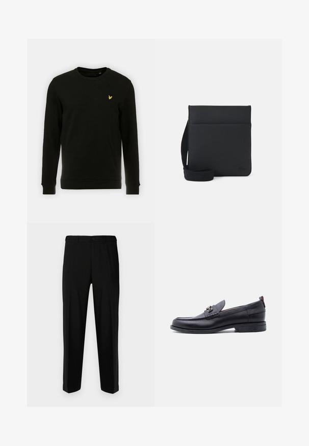 Zwarte sweatshirt van katoen, met lange mouwen en een ronde hals. Opvallend geel vogel logo op de linkerborst. Zachte textuur.; Zwarte broek van gladde stof, met een rechte snit, twee voorzakken en een ritssluiting met knoopsluiting.; Zwarte leren loafer met grijze, gestructureerde vamp, zilveren metalen gesp, lage hak en trekkoord aan de achterkant.; Zwarte schoudertas van textuurstof, met een eenvoudig rechthoekig ontwerp, een verstelbare riem en een logo aan de voorkant.