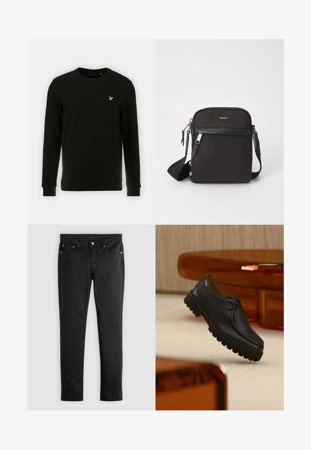 Zwarte sweatshirt van katoen, met lange mouwen en een ronde hals. Opvallend geel vogel logo op de linkerborst. Zachte textuur.; Zwarte denim jeans met een slim fit, voorzien van een klassiek vijfzakkenontwerp, metalen hardware en een gladde, matte textuur.; Zwart gestructureerd leren veterschoen met dikke geribbelde zool, voorzien van het merk "HUGO" vlak bij de hiel, weergegeven tegen een beige tapijt en amberkleurig meubilair.; Zwarte schoudertas van textuurstof, met logo aan de voorkant, ritssluiting en verstelbare schouderband. Voorzien van een gladde leren rand.