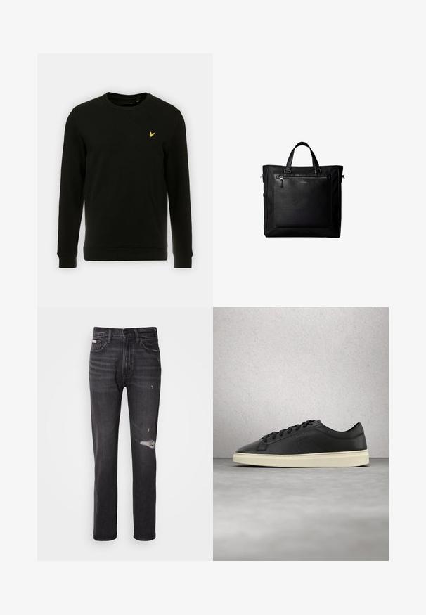 Zwarte sweatshirt van katoen, met lange mouwen en een ronde hals. Opvallend geel vogel logo op de linkerborst. Zachte textuur.; Zwarte denim jeans met een rechte pijp, verwerkte details bij de knie, vijf-pocket styling en een subtiele vervaagde afwerking.; Zwarte leren sneakers met een ronde neus, platte veters en een crèmekleurige rubberen zool, met subtiele branding en een gladde textuur.; Zwarte tote bag met dubbele handvatten, grote voorste leren zak met ritssluiting en subtiel Calvin Klein-logo in het midden van de zak.