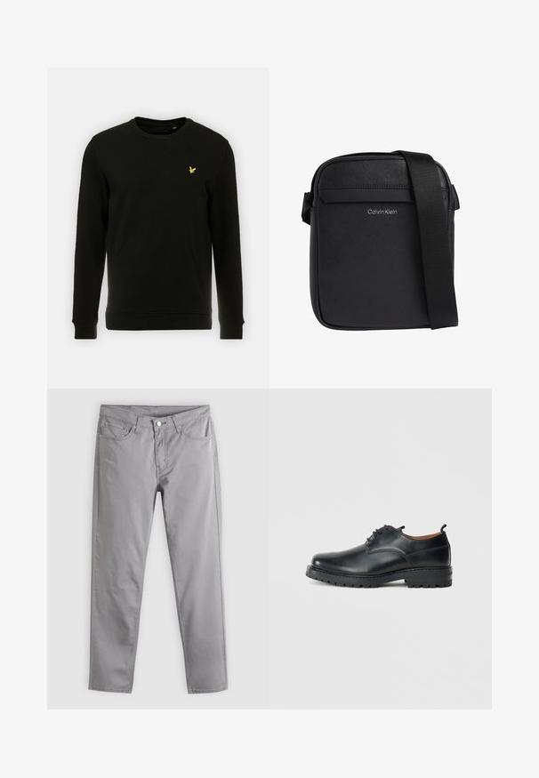 Sweatshirt noir en coton, avec des manches longues et un col rond. Logo d'oiseau jaune remarquable sur la poitrine gauche. Texture lisse.; Pantalon gris clair à jambes droites avec bouton et fermeture éclair à l'avant, passants de ceinture, et style à cinq poches, posé à plat sur un fond clair.; Chaussures derby en cuir noir avec une texture lisse, bout rond, design à lacets et une semelle en caoutchouc épaisse et robuste.; Sac bandoulière noir Calvin Klein avec surface texturée et bandoulière réglable.