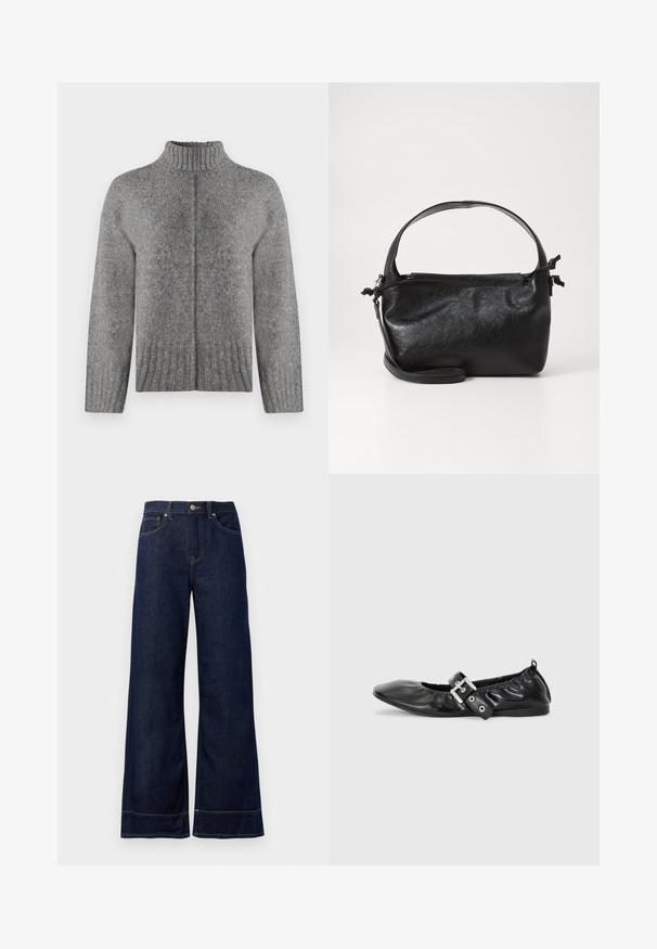 Pull en tricot gris avec un col montant à côtes, des épaules tombantes et une coupe droite. Présente des côtes texturées sur l'ensemble et une couture dans le dos.; Jean large bleu foncé en denim. Caractéristiques : fermeture par bouton, détails de couture et poches latérales. Ourlet évasé en bas.; Chaussure plate en cuir noir avec un nez pointu, des détails froncés autour de l'ouverture et un accent en boucle argentée sur la bride ajustable.; Sac à main en cuir noir au design structuré, avec une poignée arrondie et une bandoulière amovible. Présente une texture lisse et un éclat subtil.