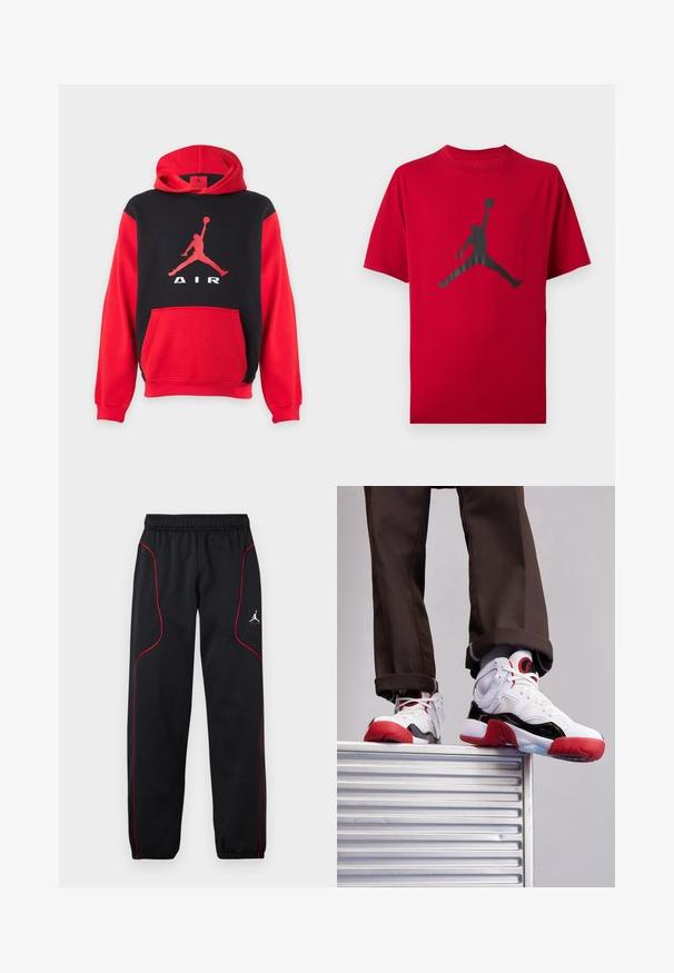 Sweat à capuche rouge et noir avec une poche kangourou et un grand logo Jumpman rouge ainsi que le texte « AIR » sur la poitrine.; T-shirt rouge à manches courtes avec silhouette noire d’un joueur de basketball sautant, tenant un ballon haut d’une main.; Pantalon de sport noir avec passepoil rouge, taille et poignets élastiques, et petit logo blanc Jumpman sur la cuisse droite.; Baskets de sport blanches et noires avec des accents rouges. Comprend des matériaux en maille et en cuir, un bout arrondi et une semelle en caoutchouc texturée.