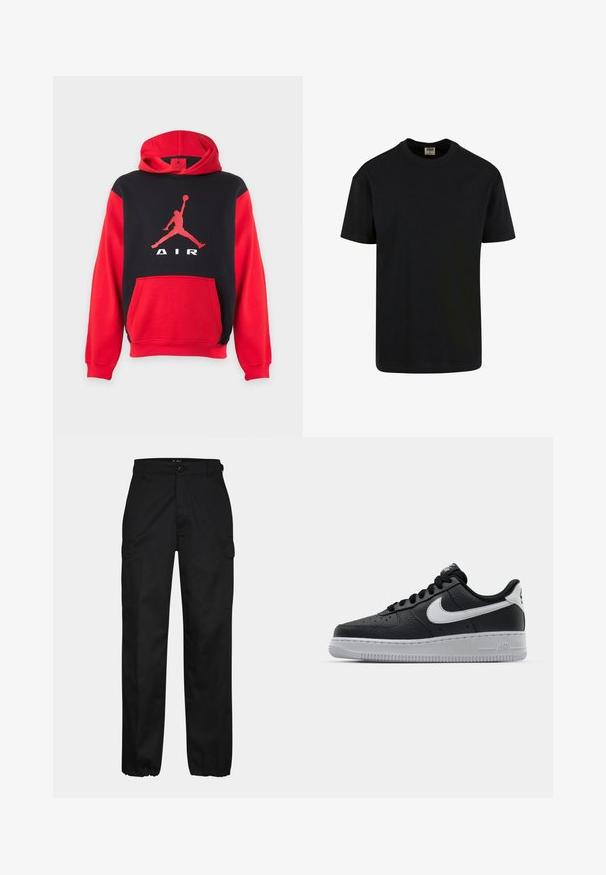Sweat à capuche rouge et noir avec une poche kangourou et un grand logo Jumpman rouge ainsi que le texte « AIR » sur la poitrine.; Urban Classics SHORTSLEEVE - T-shirt basique - black; Pantalons cargo noirs avec une coupe droite, dotés de poches latérales, d'une fermeture à bouton et de poignets élastiques aux chevilles. Fabriqués en tissu résistant.; Baskets en cuir noir avec surface texturée, swoosh Nike blanc, semelle grise, bout rond et design à lacets. Comprend des perforations sur la boîte à orteils.