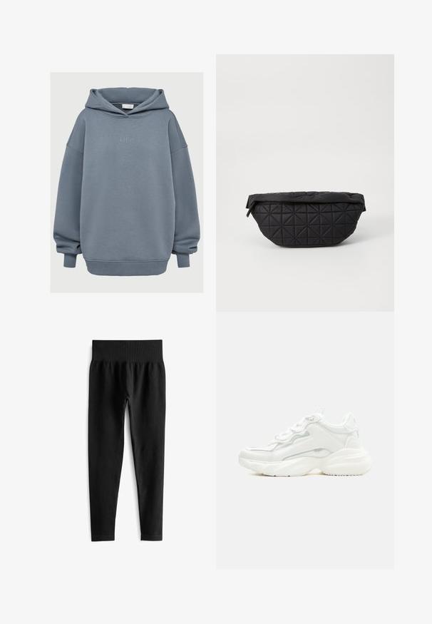 Losse, vuilblauwe hoodie met ribgebreide manchetten en onderrand, een voorkangoeroe-pocket en kleine "LeGer" geborduurde tekst op de borst.; Zwarte geribde leggings met een brede elastische tailleband, met een aansluitende pasvorm en een gladde textuur. Geen zichtbare hardware of patronen.; Witte chunky sneaker met dikke zool, veters aan de voorkant en een glad bovenwerk van synthetisch materiaal met subtiele stikdetails.; Zwarte, gewatteerde tas met een zachte, gewatteerde textuur en een hoekig ruitpatroon, met een gebogen silhouet en ritssluiting.