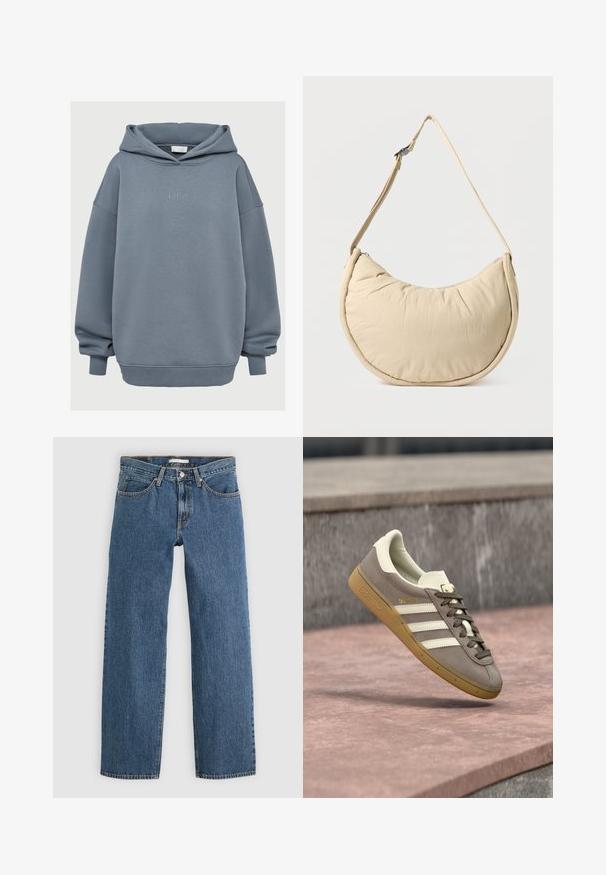 Losse, vuilblauwe hoodie met ribgebreide manchetten en onderrand, een voorkangoeroe-pocket en kleine "LeGer" geborduurde tekst op de borst.; Blauwe denim jeans met een recht gesneden ontwerp, voorzien van vijf zakken, een knoopsluiting en contrasterende stiksels langs de naden.; Lichtbruine suède Adidas sneaker met witte strepen en een rubberen zool, hangend boven roze stenen traptreden buiten.; Beige schoudertas in halve maanvorm met een zachte, gewatteerde textuur. Voorzien van een verstelbare riem en een ritssluiting langs de bovenkant.