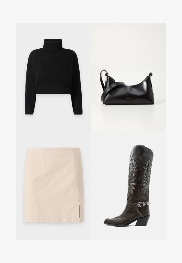 Sort cropped striktrøje med høj turtleneck, lange ærmer og en blød tekstur. Simpelt design uden mønstre eller synligt hardware.; Beige corduroy miniskirt med lodret ribbet tekstur, med en sideslids for ekstra detaljer. Kantene er lige og ensartet syet.; Sort læder cowboystøvle med dekorative udskæringer, sølvspænde og skrå hæl, vist på hvid baggrund.; Sort læderhåndtaske med en glat tekstur. Har en justerbar stropp og et enkelt, minimalistisk design med lynlås.