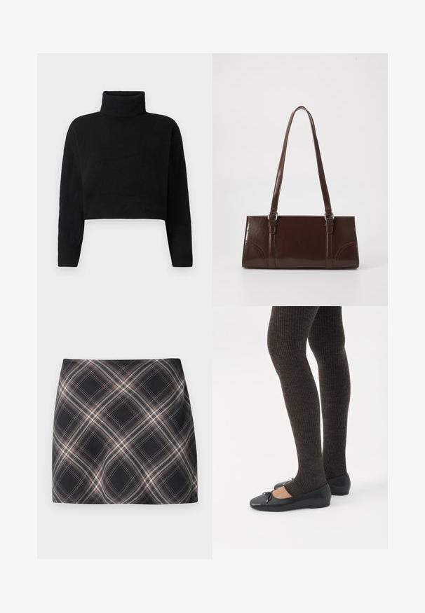 Pull en maille noir coupé, avec un col roulé haut, des manches longues et une texture douce. Design simple sans motifs ni éléments visibles.; Jupe mini à carreaux noir et beige avec un motif à checks diagonal, taille ajustée et texture de tissu lisse.; Jambes portant des leggings côtelés foncés associés à des ballerines noires avec de petits détails en nœud sur fond blanc.; Sac à main en cuir verni marron de forme rectangulaire, avec deux longues poignées et des accents courbés subtils à l'avant.