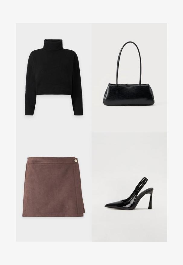 Jersey negro recortado con cuello alto, mangas largas y una textura suave. Diseño simple sin patrones ni herrajes visibles.; Minifalda de ante marrón con botón lateral y detalles de costura sutiles sobre un fondo claro y liso.; Zapato de tacón con tirante en negro de charol, punta afilada, tacón alto y delgado, y doble tira elástica para un ajuste seguro. Superficie suave y brillante.; Bolso de hombro rectangular negro con correas largas y delgadas y una textura lisa y brillante sobre un fondo liso.