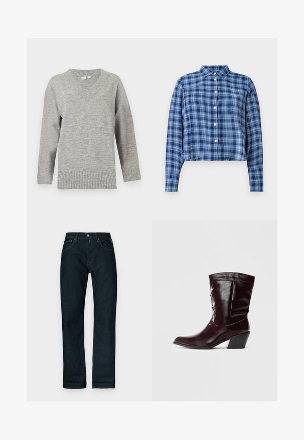Pull gris clair à manches longues avec col en V, poignets et ourlet côtelés, présenté sur un fond blanc uni.; Chemise courte à manches longues en tartan bleu et noir avec col pointu et boutons blancs sur le devant, sur fond blanc.; Jean denim bleu foncé à coupe droite avec bouton avant et poches, présenté sur un fond blanc.; Bottines en cuir bourgogne avec un bout pointu, une surface texturée et un petit talon effilé. Présente une couture discrète et un ajustement confortable.