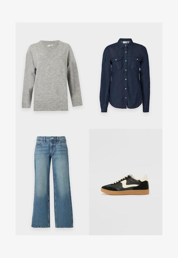 Pull gris clair à manches longues avec col en V, poignets et ourlet côtelés, présenté sur un fond blanc uni.; Chemise boutonnée bleu marine en tissu léger, dotée de deux poches avant, de manches longues et d'un col classique avec un ourlet arrondi.; Jean en denim bleu clair à coupe large, avec une taille mi-haute, des poches avant et un léger délavage, affichant une texture lisse.; Baskets en daim et cuir noir avec un swoosh latéral crème et un talon crème clair. Dotées de lacets beige et d'une semelle en caoutchouc gomme.