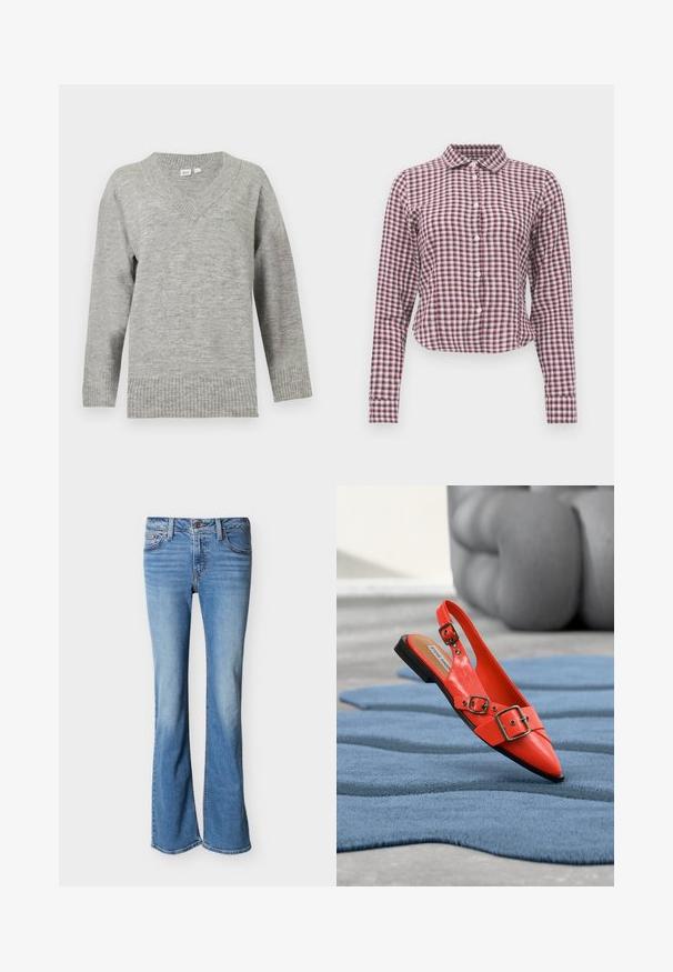 Pull gris clair à manches longues avec col en V, poignets et ourlet côtelés, présenté sur un fond blanc uni.; Chemise à manches longues à boutons avec un motif à carreaux rose et violet. Caractéristiques : col, ourlet arrondi et texture de tissu douce.; Jean en denim bleu clair avec une légère évasement en bas, design classique à cinq poches et fermeture par bouton à la taille.; Chaussure plate slingback orange vif à bout pointu, avec trois boucles, posée sur un tapis bleu texturé dans une pièce moderne.