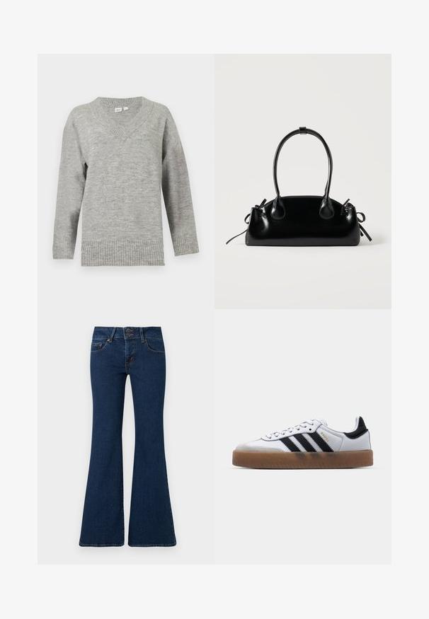 Pull gris clair à manches longues avec col en V, poignets et ourlet côtelés, présenté sur un fond blanc uni.; Jean flare bleu foncé en denim, avec fermeture éclair et double bouton, poches avant et détails cousus le long des côtés.; Baskets en cuir blanc avec des rayures noires, semelle extérieure en caoutchouc beige, bout rond, fermeture lacée et embout en suède gris doux.; Petit sac à main noir brillant avec deux longues anses et des détails à cordon sur les côtés sur un fond clair uni.