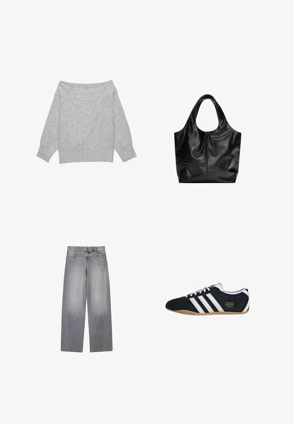 Pull gris clair en maille, à épaules dénudées, manches longues avec poignets et ourlet côtelés, posé à plat sur un fond blanc.; Jean en denim gris à jambes larges avec une finition légèrement décolorée, doté de cinq poches, d'une fermeture à bouton à l'avant et de passants de ceinture.; Sneakers en suede noir avec trois bandes blanches, logo doré et semelle en caoutchouc marron. Présente un design à lacets à profil bas.; Sac fourre-tout en cuir noir avec une texture lisse, un haut arrondi doux et de larges poignées. Présente une couture minimale et une silhouette décontractée.
