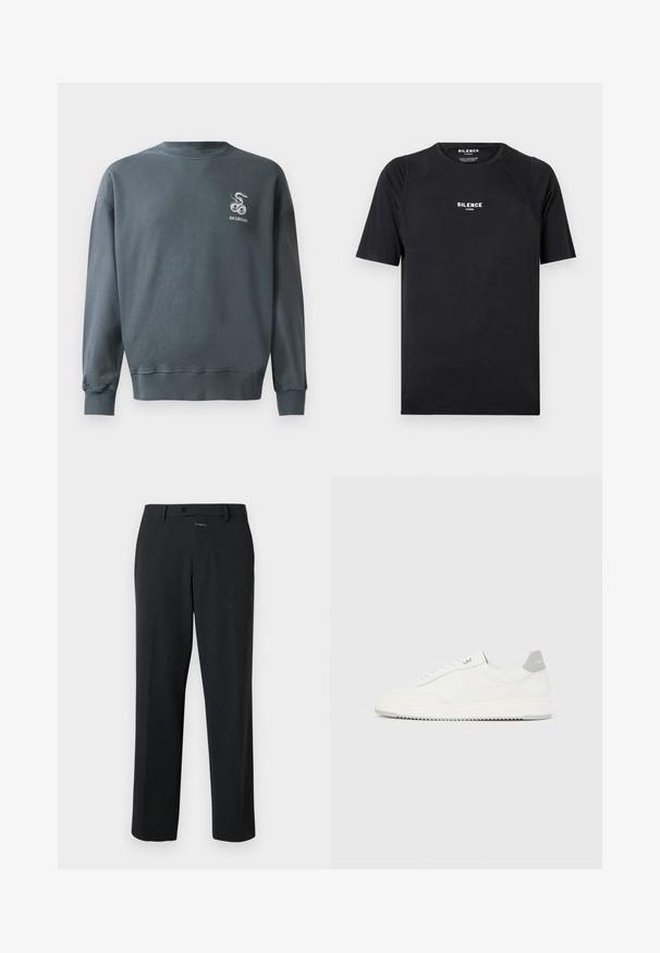 Sweatshirt en coton gris avec un col rond, des poignets côtelés et un petit logo serpent brodé sur le haut à gauche de la poitrine. Texture lisse.; T-shirt noir à manches courtes en tissu lisse, doté d'un col rond et d'un logo blanc "SILENCE" sur la poitrine.; Pantalon noir à coupe droite, en tissu lisse. Il présente une fermeture à bouton à l'avant et des détails de couture subtils. Conception simple sans motifs.; Baskets basses blanches avec un onglet de talon gris, des lacets blancs et une semelle texturée, présentées sur un fond uni clair.