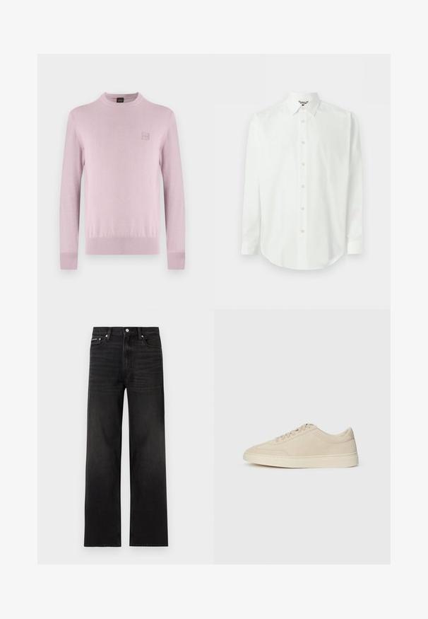Pull rose clair à col rond avec manches longues et petit patch logo carré sur le côté gauche de la poitrine, présenté sur un fond blanc uni.; Chemise blanche à manches longues avec devant boutonné, col classique et poignets, présentée sur un fond clair uni.; Jean noir droit avec cinq poches, passants pour ceinture et fermeture par bouton, présenté sur un fond blanc.; Baskets basses en suède beige avec lacets, bout rond et semelle épaisse en caoutchouc, présentées en profil droit sur un fond blanc.