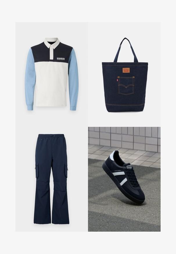 Camisa polo de manga larga con un cuerpo blanco, hombros azul marino y mangas azul claro. Incluye un cuello y un logo en el pecho.; Pantalones de carga en color navy hechos de una tela ligera, con cintura ajustable mediante cordón, dos bolsillos laterales y bolsillos de carga con cremallera en ambas piernas.; Zapatilla de cuero negra con rayas blancas, suela de goma texturizada y parte frontal con cordones. Cuenta con una etiqueta de marca en la lengüeta.; Bolso de tote de mezclilla en azul oscuro con dos asas, costuras visibles y un bolsillo frontal con un parche de logo clásico.