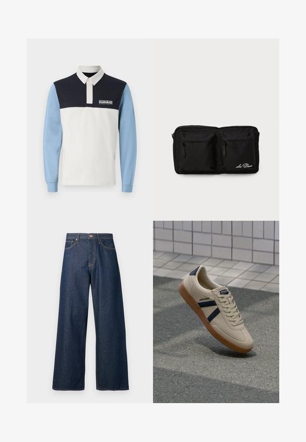 Camisa polo de manga larga con un cuerpo blanco, hombros azul marino y mangas azul claro. Incluye un cuello y un logo en el pecho.; Jeans de pierna ancha hechos de mezclilla oscura con costuras naranjas, con cinco bolsillos, cierre frontal de botones y una silueta recta.; Zapatilla beige con acabado texturizado, rayas azul marino y suela de goma. Presenta una lengüeta acolchada y un sistema de cordones tradicional para un ajuste seguro.; Pouch de tela negra con dos bolsillos frontales con cremallera, texto bordado, forma rectangular, textura duradera y diseño discreto.