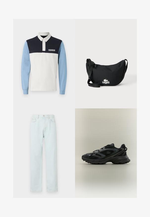 Camisa polo de manga larga con un cuerpo blanco, hombros azul marino y mangas azul claro. Incluye un cuello y un logo en el pecho.; Vaqueros de tiro recto de color azul claro, hechos de denim, con cierre de botón, sutiles desgastes y diseño de cinco bolsillos.; Zapatilla deportiva negra con paneles de malla, suela texturizada, cordones y una silueta curvada con acentos plateados en los laterales.; Bolso bandolera negro con correa ajustable y parche con el logo de Lacoste en el frente, sobre un fondo claro y liso.